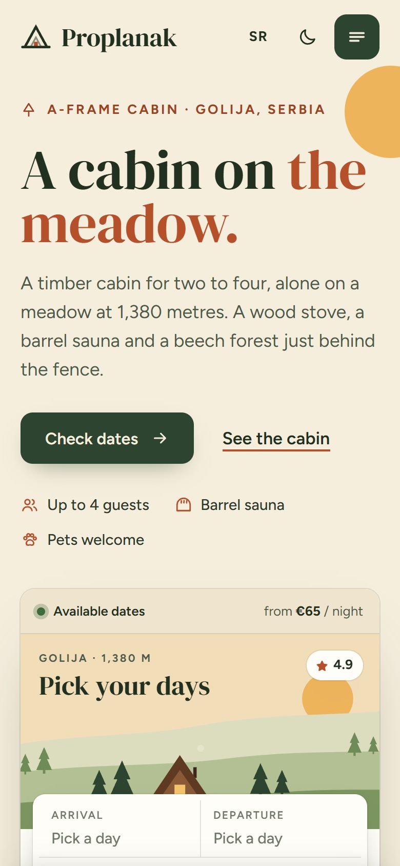 Home page of the Proplanak template: an A-frame cabin in a meadow, illustrated hills