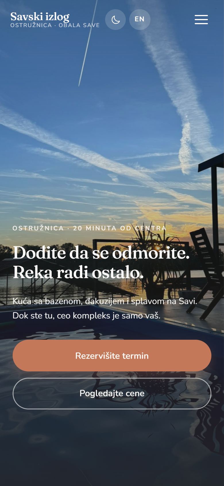 Početna strana sajta Savski izlog: zalazak sunca nad Savom